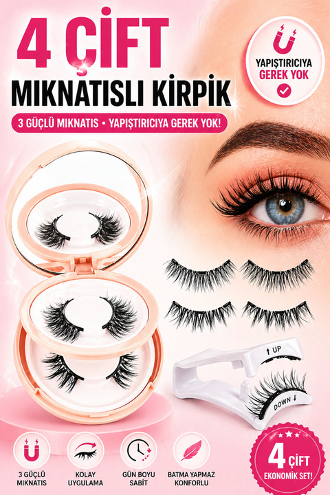 Francheska Mıknatıslı Takma Kirpik Seti 4 Çift 2 Farklı Stil | Aparat Dahil Kolay Takma | Yapıştırıcısız Fox Eyes (Tilki Gözü) Etkisi(Lux Aynalı Kutu)