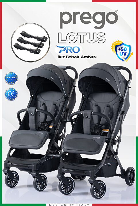 Prego Lotus Pro Kabin Boy UV Tenteli Ayrılıp Birleşebilen İkiz Bebek Arabası