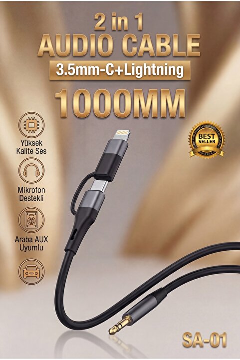 Fibaks 2'si 1 Arada Lightning & Type- C to 3.5mm Dönüştürücülü Jack Aux Ses Kablosu Mikrofon Destekli