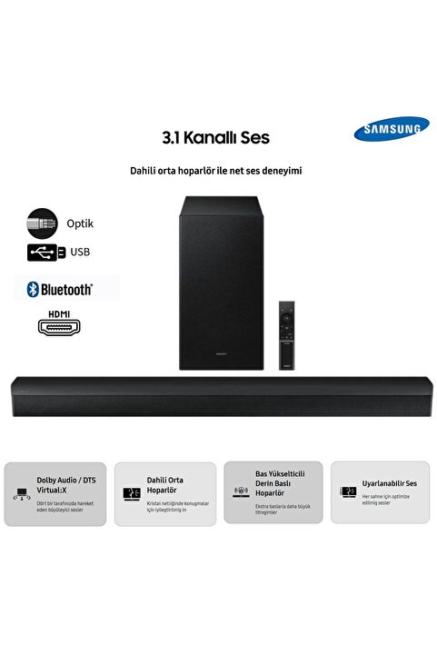 Samsung Soundbar ve Ev Sinema Sistemi 3.1 kanal 370W Yüksek Güç Net Ses, Bass Boost, Surround Sound Expansion, Game, Adaptive Sound, DTS Virtual:X