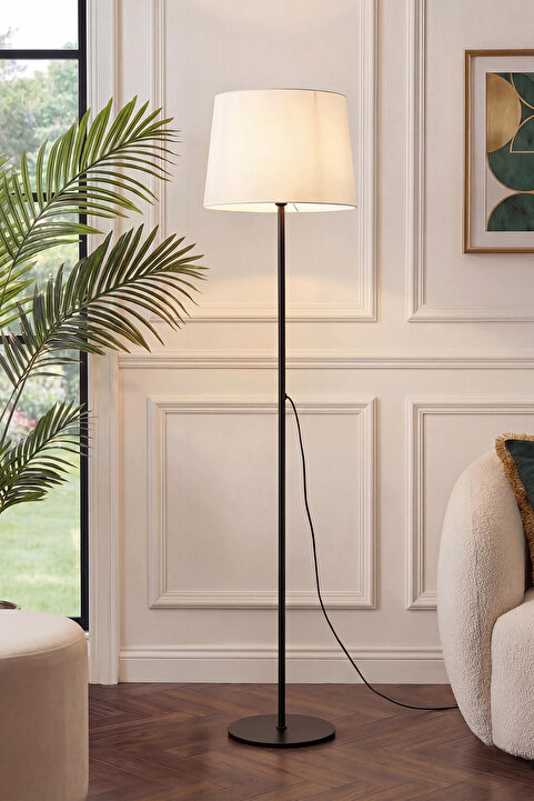Marrien Cora Siyah Metal Ayaklı Lambader 145 cm Bej Kumaş Başlıklı Modern Salon Aydınlatma
