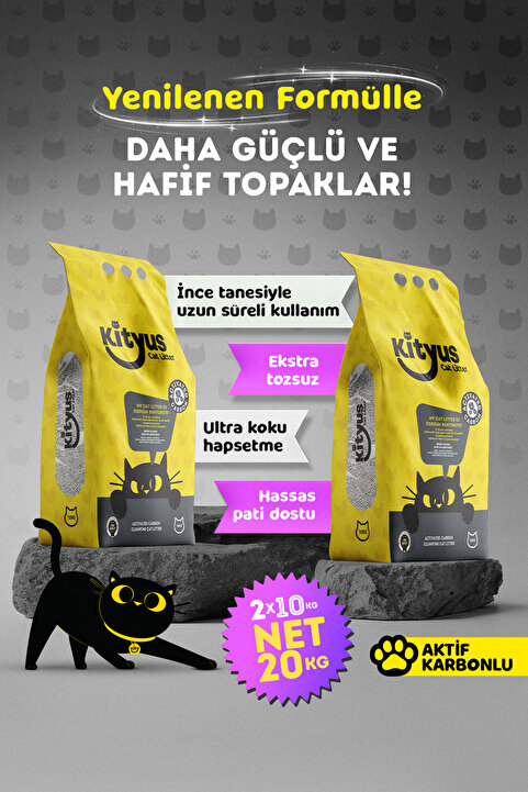 Kityus 2li Avantaj Paketi Ekstra Topaklanan, İnce Taneli, Tozsuz, Aktif Karbonlu Bentonit Kedi Kumu 2x10lt