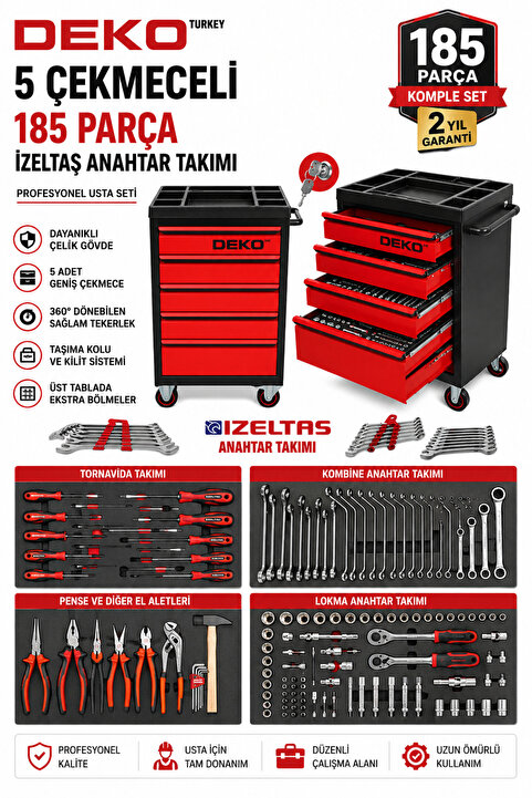 DEKO TURKEY XL TREND İZELTAŞ SERİ 5 Çekmeceli İçi Dolu 185 PARÇA Full Set Alet Dolabı Atölye Usta Takım Arabası