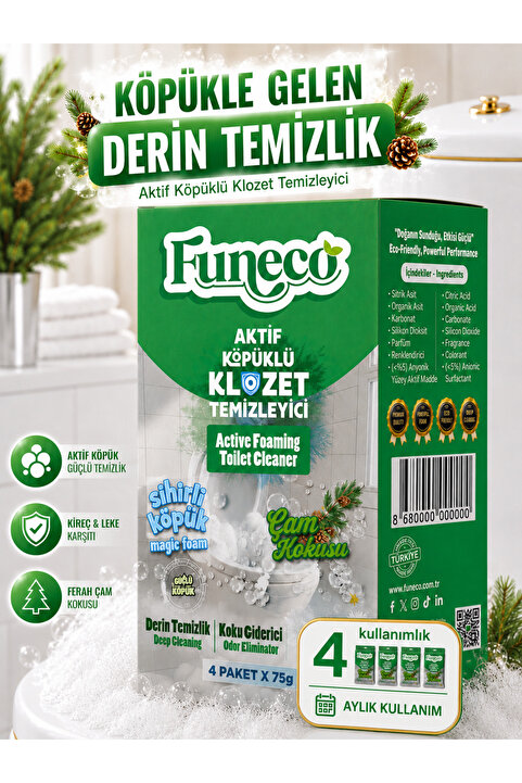 FUNECO Klozet Tuvalet WC Temizleyici, Aktif Köpüklü, 1 Kutu, 4 Paket 300g, Ekolojik Doğa Dostu, Çam