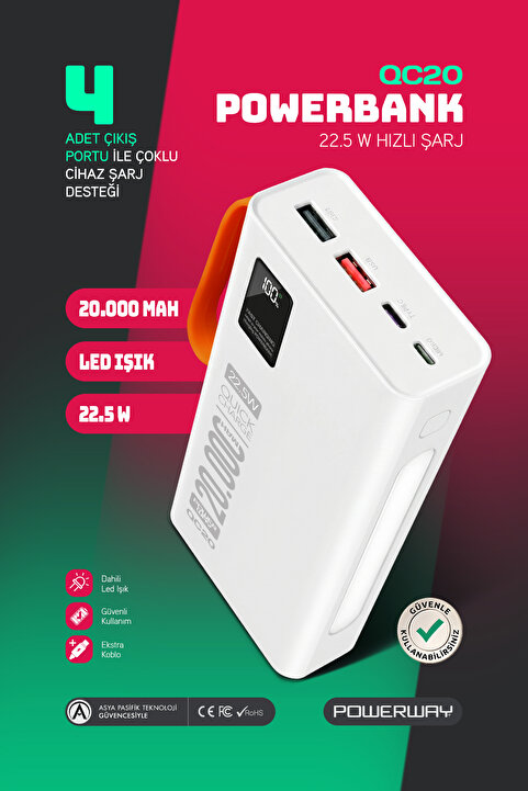 Powerway 20.000 Mah Pd 22.5w Kablolu 3.0 Hızlı Şarj Gerçek 20.000 Mah Garantili Işıklı Qc20 Beyaz Powerbank