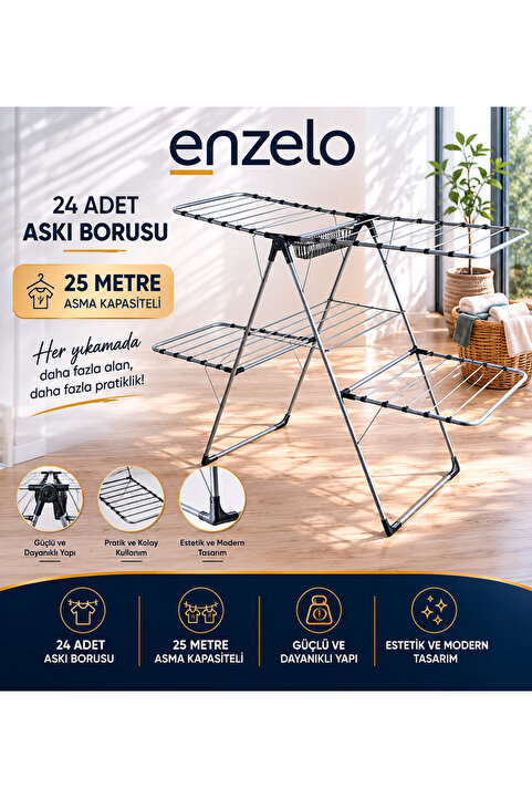 ENZELO Star Çamaşır Kurutmalık Askılık 2 Katlı Çamaşır Kurutma Askısı Borulu