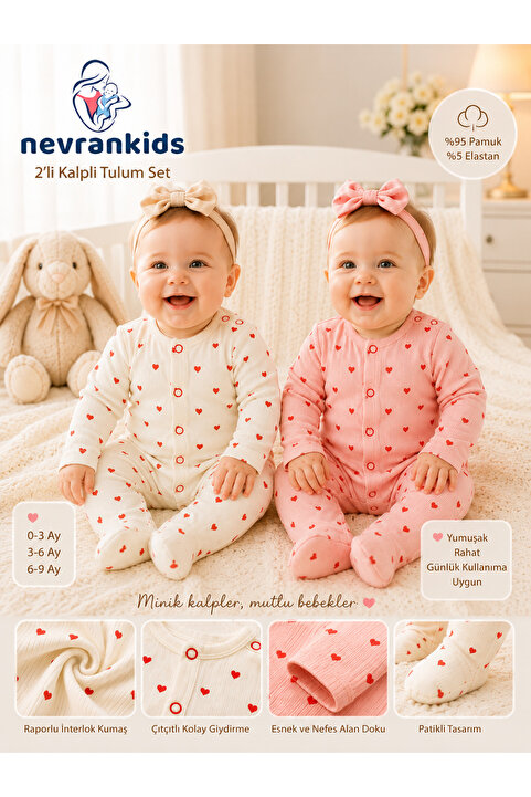 nevrankids Heart Pattern 2’li Yenidoğan Kız Bebek Tulum