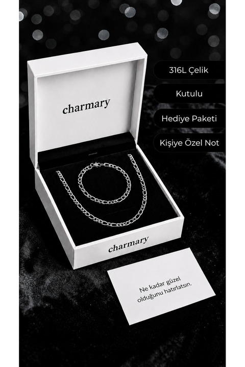 Charmary Erkek Çelik Kolye ve Bileklik Set Kararmaz Paslanmaz Şık İnce Zincir