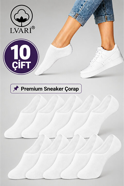 Lvari 10 Çift Unisex Pamuklu Beyaz Görünmez Sneaker Patik Çorap - Kaymaz Topuk Terletmeyen Günlük Kullanım