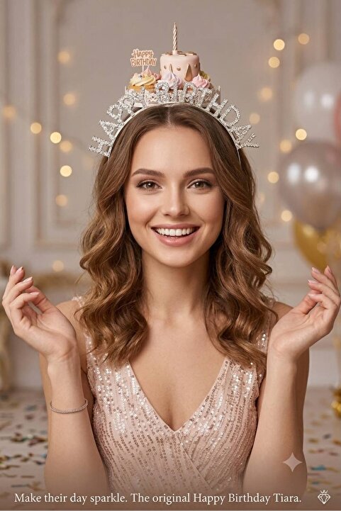 Canderel Kristal Gümüş Taşlı Happy Birthday Doğum Günü Tacı