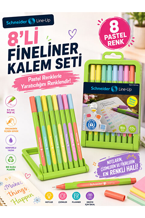 Schneider Pen Schneider 191088 Fineliner Serisi 0,4 mm 8'li Paket Pastel Karışık Renk Set