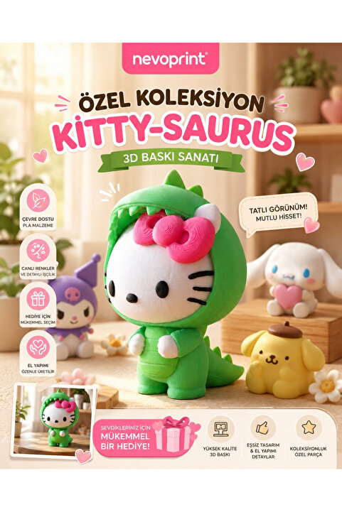 nevoPrint Hello Kitty-Saurus – 3D Baskı Koleksiyonluk Dekoratif Figür | Sevimli Dinozor hello kitty Tasarımı