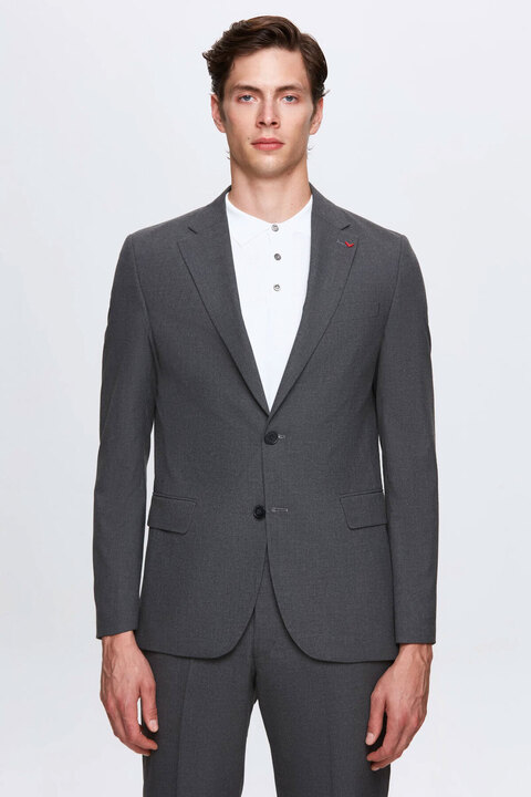 D'S Damat Ds Damat Slim Fit Gri Düz Likralı Esnek Mono Yaka Çift Yırtmaçlı Astarlı Takim Elbise