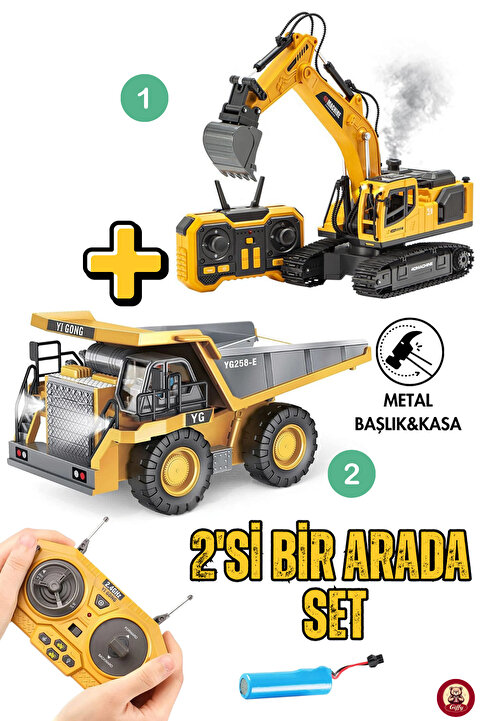 giffy Oyuncak Uzaktan Kumandalı 680° Dönen Ekskavatör Metal Alaşım ve Kasası Hareketli Kamyon İkili Set