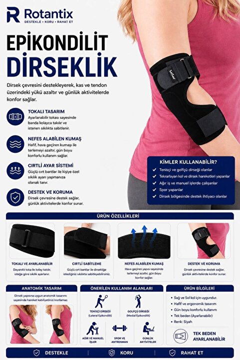 Escenay Epikondilit Dirseklik Tenisçi Dirseği Bandı Epikondilit Bandajı Ayarlanabilir Bedensiz