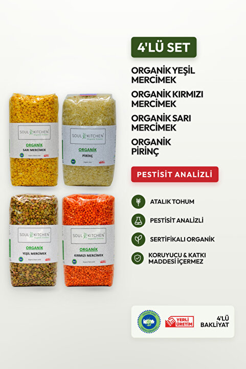 Soul Kitchen Organik Ürünler Organik Sarı Mercimek, Yeşil Mercimek, Kırmızı Mercimek, Pirinç Dörtlü Set 4x750 g