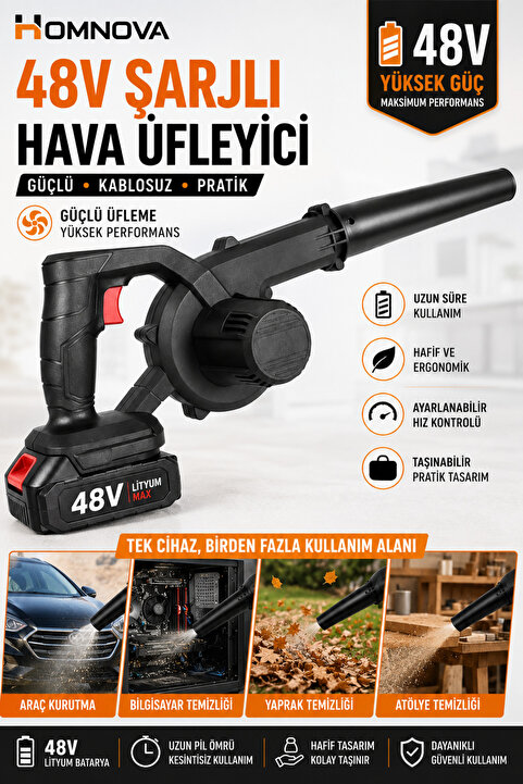 Homnova Şarjlı Hava Üfleyici 48V | Güçlü Blower | Araç Kurutma, Toz ve Yaprak Temizleme Kablosuz Turbo Fan