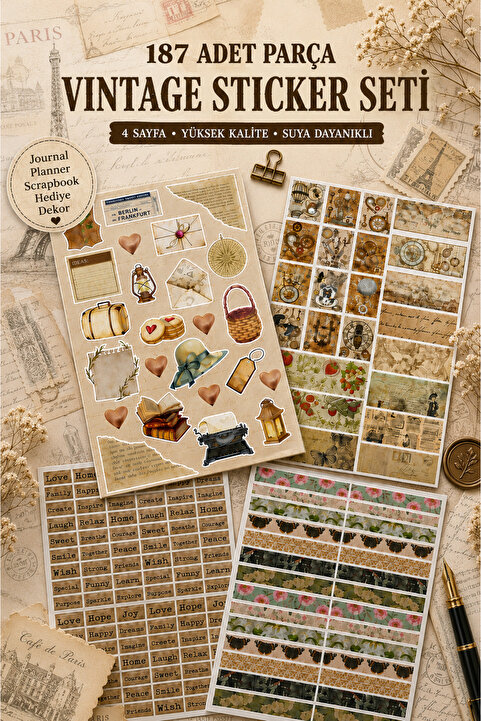 sanatıbedi 187 Adet 4 Sayfa Vintage Sticker Seti - Bullet Journal /scrapbook/ Ajanda/ Laptop/ Telefon Stickerı-