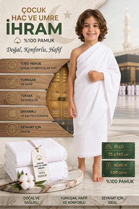 VENTİ VENTİSCA Muslim Collection %100 Pamuklu 75x145 cm Çocuk Hac Umre İhramı 500 Gram
