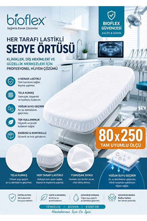 Bioflex 100 Adet 80 *240 Yeni Nesil Her Tarafı Lastikli Sedye Örtüsü