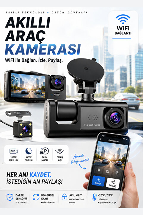 CROW'S TECH 1080P Dash Cam Full Hd Araç içi Kamera Ön Arka ve İç Kayıt 3 Kamera Gece Görüşlü G Sensör Geniş Açı