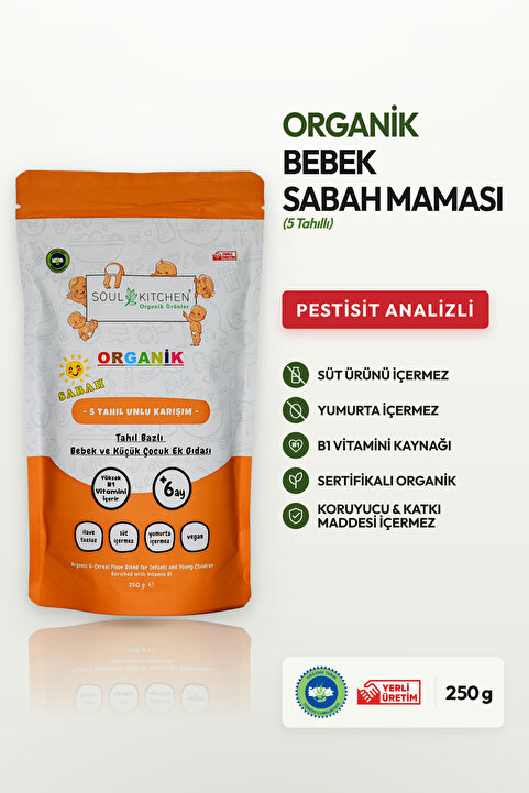 Soul Kitchen Organik Ürünler Organik Bebek Sabah Maması 5 Tahıllı B1 Vitaminli 250 g +6 Ay