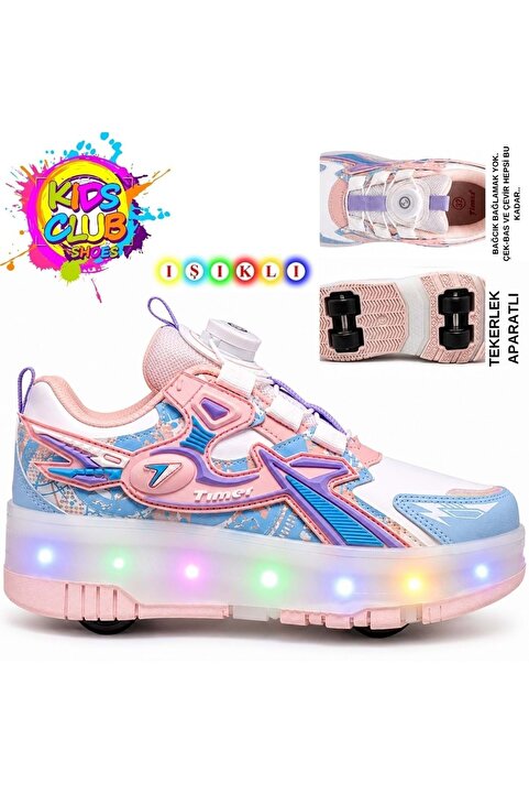 Kids Club Shoes Kocamanlar Kids Club Tmr Akıllı Bağcıklı Işıklı Ortopedik Patenli Tekerli Çocuk Spor Ayakkabı PEMBE