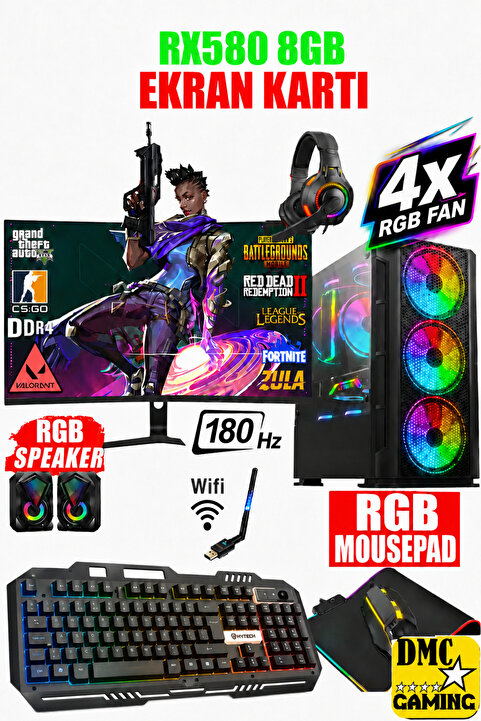DMC 49x Windows 11 RYZEN 5 5500,32GB RAM,500GB HDD,256GB SSD,RX580,24''180hz Oyuncu Masaüstü Bilgisayar