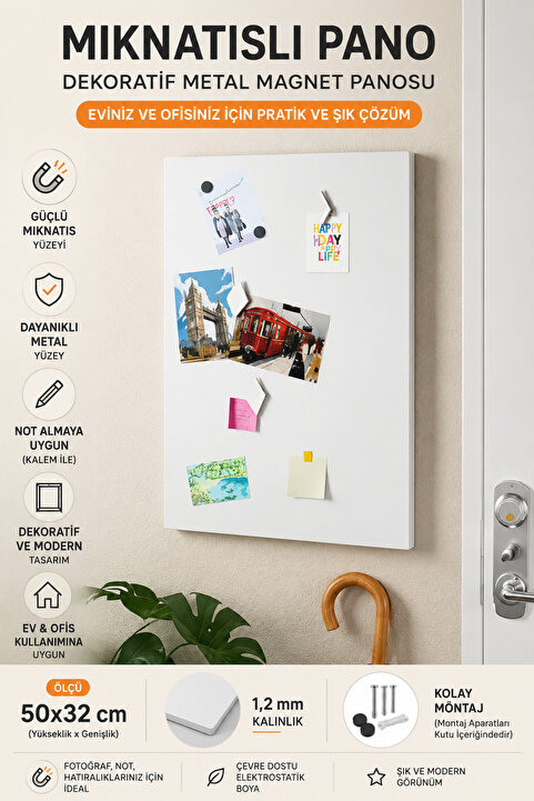 Dünya Magnet Mıknatıslı Pano Beyaz 50x32 cm Dekoratif Metal Magnet Panosu , Not Fotoğraf Duvar Panosu