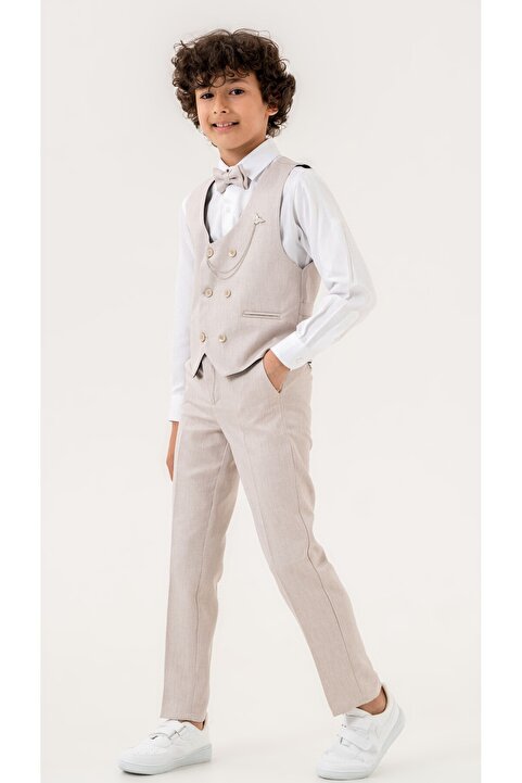 Atlas Kids Erkek Çocuk Smokin Takım Elbise – Pantolonlu Yelekli Papyonlu Gömlekli Zincirli 5’li Set