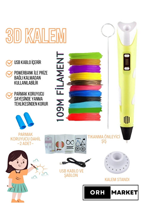 ORH Market Sarı 3d Kalem 3d Pen Yazıcı Kalem – Çok Renkli Pla Filament (TOPLAM 109M) Usb Kablo