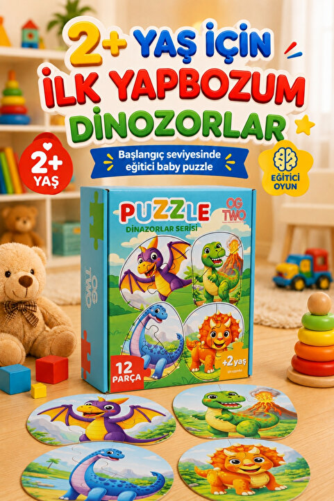 OGTWO İlk Yapbozum 2+ Yaş Dinozorlar Serisi Baby Puzzle 12 Büyük Parçalı Premium Eğitici Puzzle | 2-3 Yaş