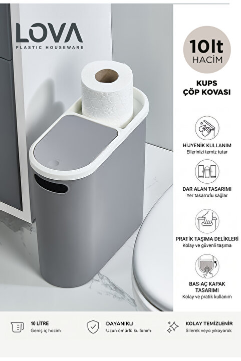 Lova 10 lt Kups Banyo,Ofis,Mutfak Çöp Kovası (GRİ)