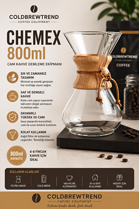 COLD BREW TREND by uğur cadırcı Chemex 800 ml - Cam Kahve Demleme Sürahisi - Ahşap Detaylı (800 ml)