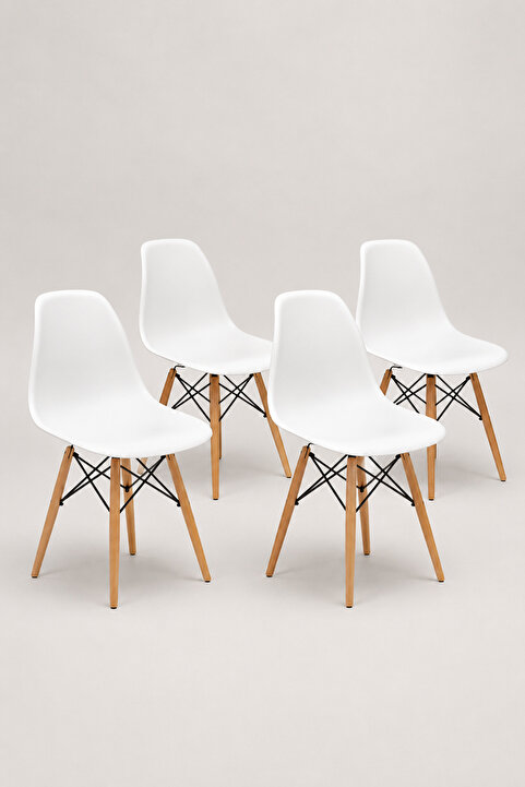 Seduna Beyaz Eames Sandalye Natural Ahşap Ayaklı | 4 Adet
