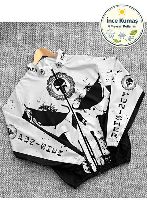 Lushen Kuru Kafa Punisher Siyah Beyaz Oversize Unisex Motorcu Yağmurluk Rüzgarlık İnce Ceket