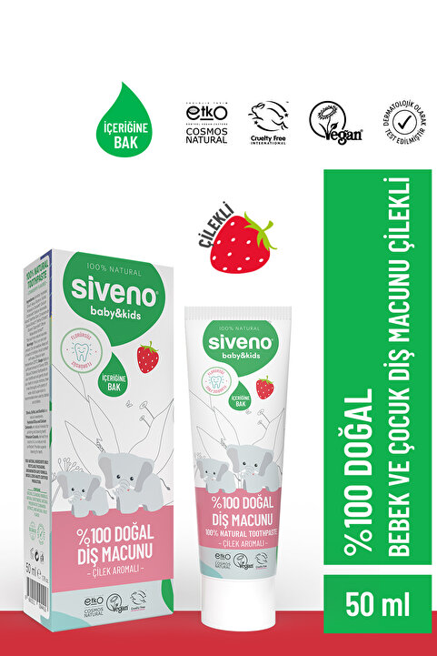 Siveno %100 Doğal Diş Macunu Bebek ve Çocuk İçin Çilek Aromalı Florürsüz 50 ml