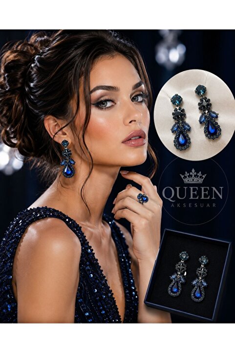 QUEEN AKSESUAR Esma Sultan-ı safir mavi lacivert küçük damla Kristal parlak Taşlı Abiye Küpe Otantik Osmanlı Motifli sallantılı