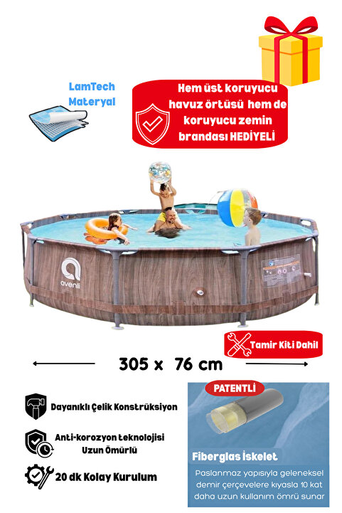 Kalitomi 305x76 cm Fiberglas İskelet Havuz Kahverengi Ahşap Desenli Bahçe Havuzu + Örtü ve Zemin Brandası Hediyeli Tamir Kiti Dahil