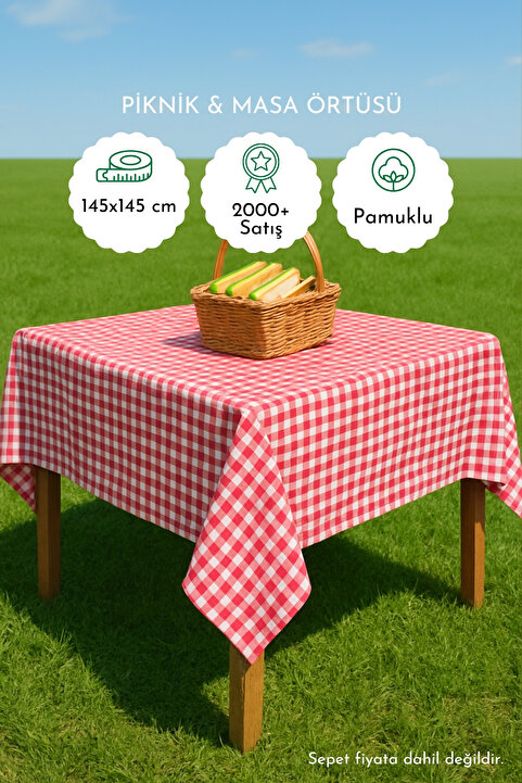 Bimotif Pötikareli Piknik Masa Örtüsü, Kırmızı 145x145