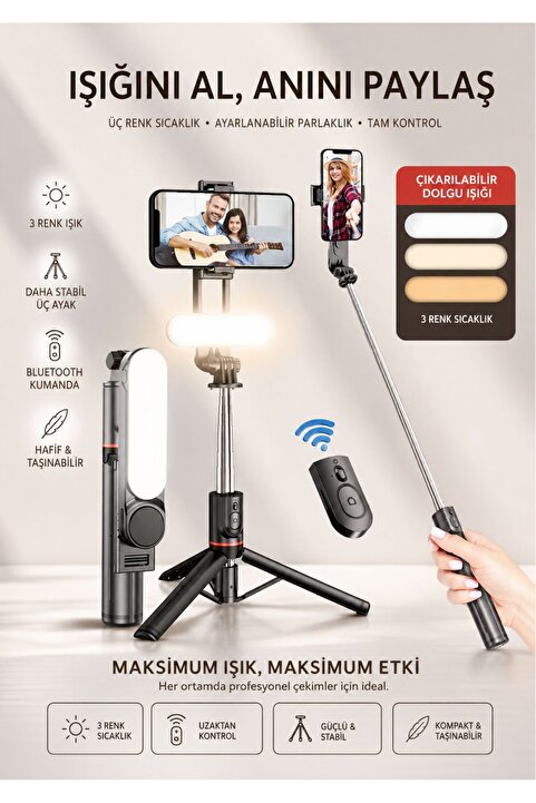 Asfal Işıklı 3 Renkli Uzaktan Kumandalı 110 Cm Tripod, Özçekim Ve Selfie Çubuğu Yatay Ve Dikey Kullanım