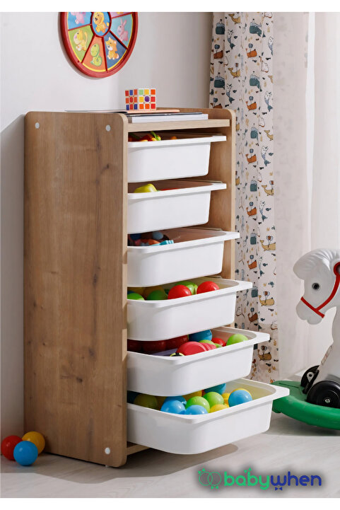 Babywhen Oyuncak Dolabı - Saklama Organizeri - Oyuncak Kutusu - 6 Raflı - Ahşap - Oval Kenar - 45x88 cm