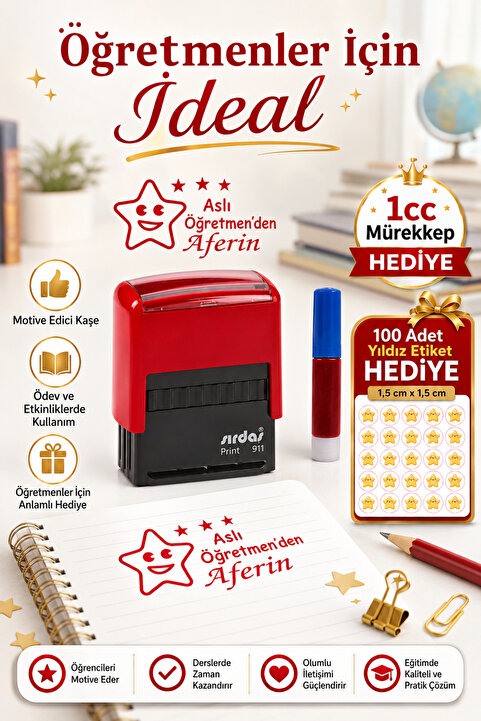 cabuk baskı Sırdaş Kişiye Özel Öğretmen Kaşesi İsim Baskılı Aferin Damgası Mürekkep ve Yıldız Etiket Hediyeli