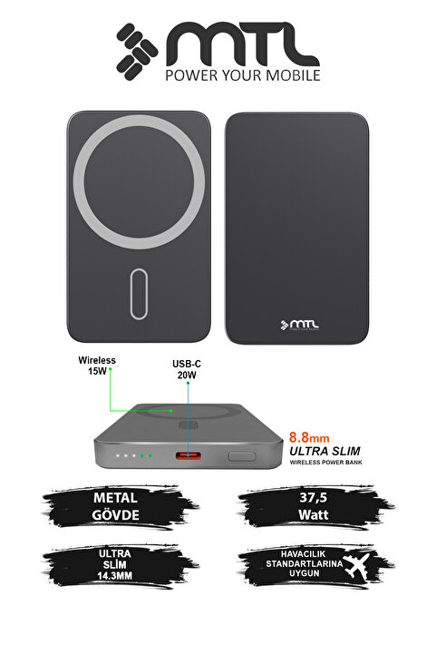 MTL 5000 mAh 15W + 20W Metal Ultra İnce Led Göstergeli 35W Turbo Şarj Magsafe Powerbank MT4620