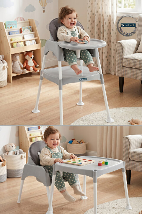 Bebeck Çalışma Masalı Tabureli Pedli 3in1 Mama Sandalyesi (METAL AYAKLI)