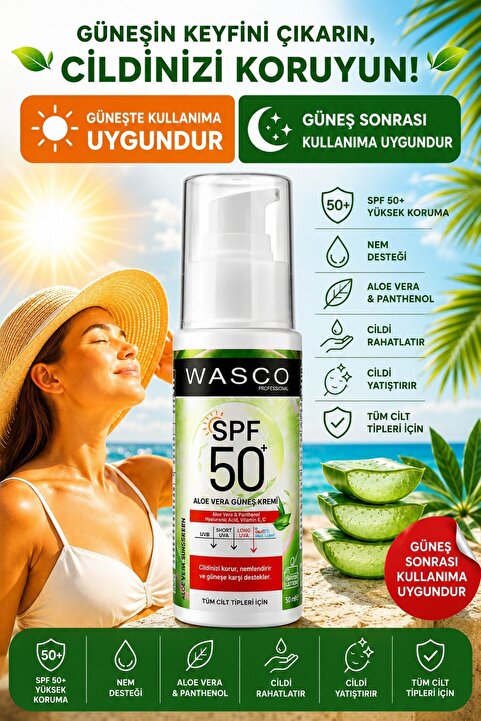 wasco Aloe Vera Özlü Yüksek Koruyuculu 50 Spf+ Yatıştırıcı, Nemlendirici Güneş Kremi Aloe Veralı 50ml