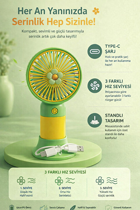 Değerlistore Papatya Figürlü Yeşil Soğutucu Serinletici Pervaneli Masaüstü Standlı Vantilatör Klima Usb Fan Metal Fan