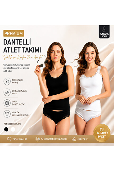 twenty ipek Şık ve Rahat Dantel Detaylı Kadın Gecelik Atlet Külot Seti 2'li takım paket