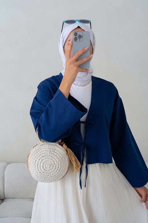 Giyim Gezegeni Önü Bağlamalı 2 Bağcıklı Lacivert Kimono Gömlek Modern Tesettür Şık Yeni Sezon Kimono