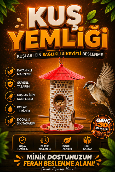 Genç 3D Klasik Kuş Yemliği | Bahçe ve Balkon Kuş Besleme Aparatı | Dekoratif Dış Mekân Kuş Yemliği